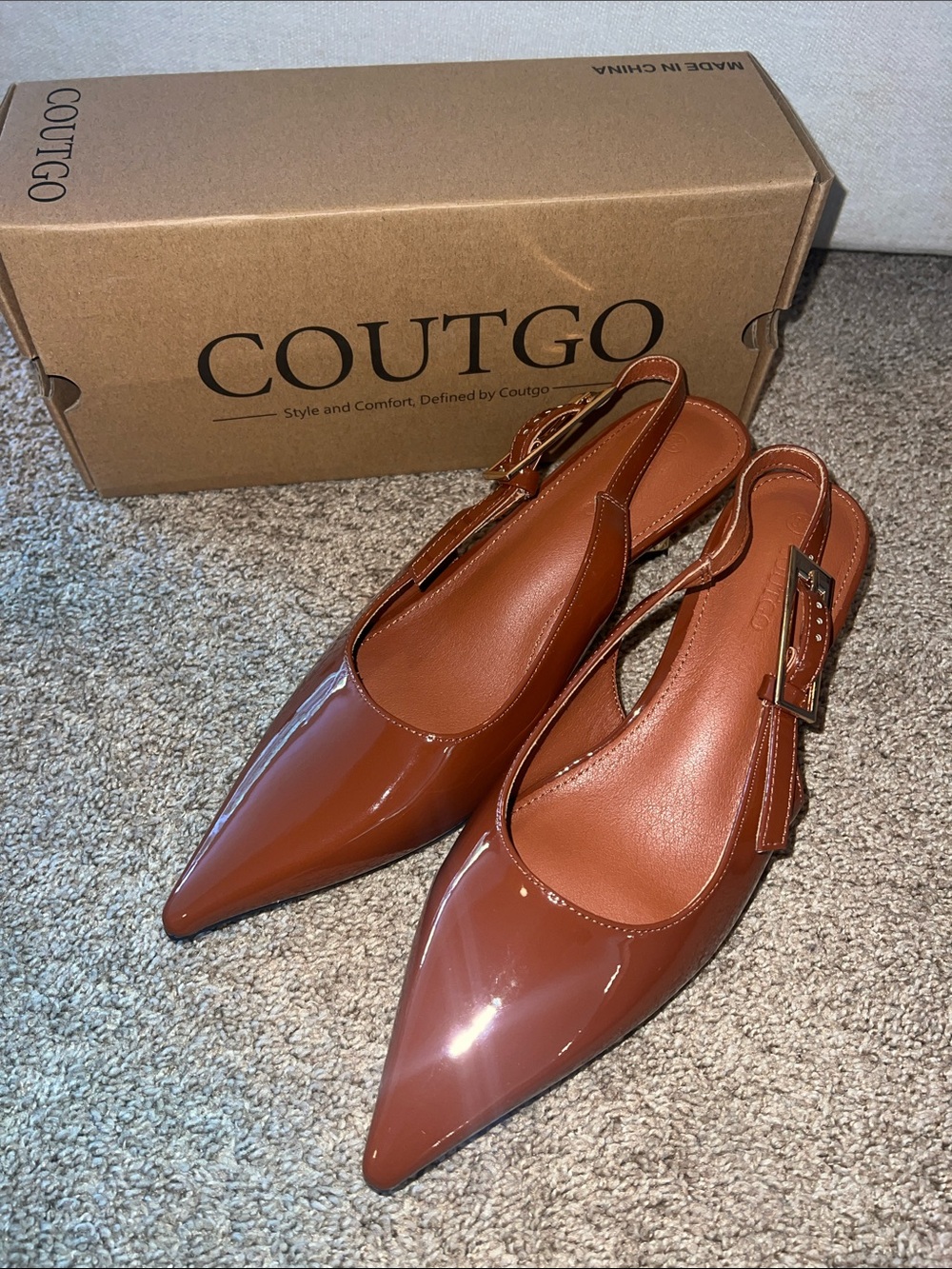 Coutgo Women's Pointed Slingback Kitten Heels in Brown